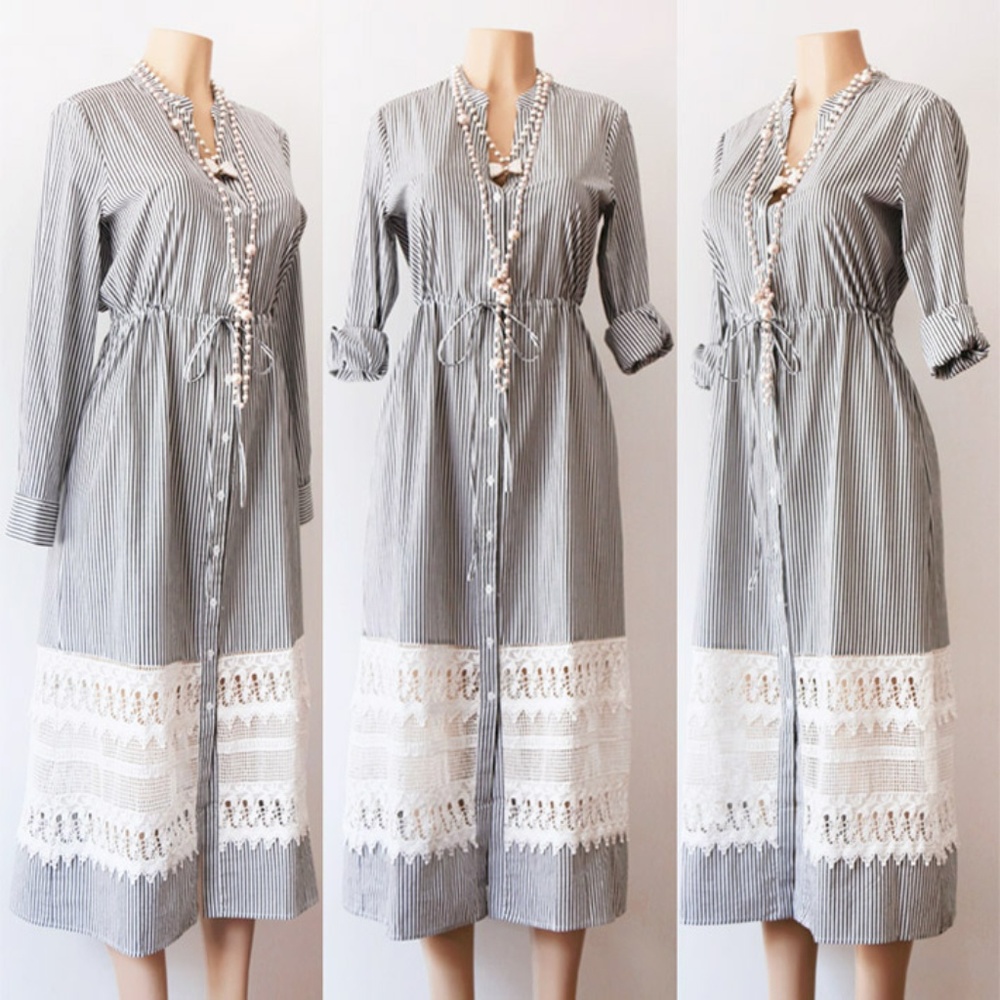Stripe Cotton Drawstring Crochet Midi Shirt Dress